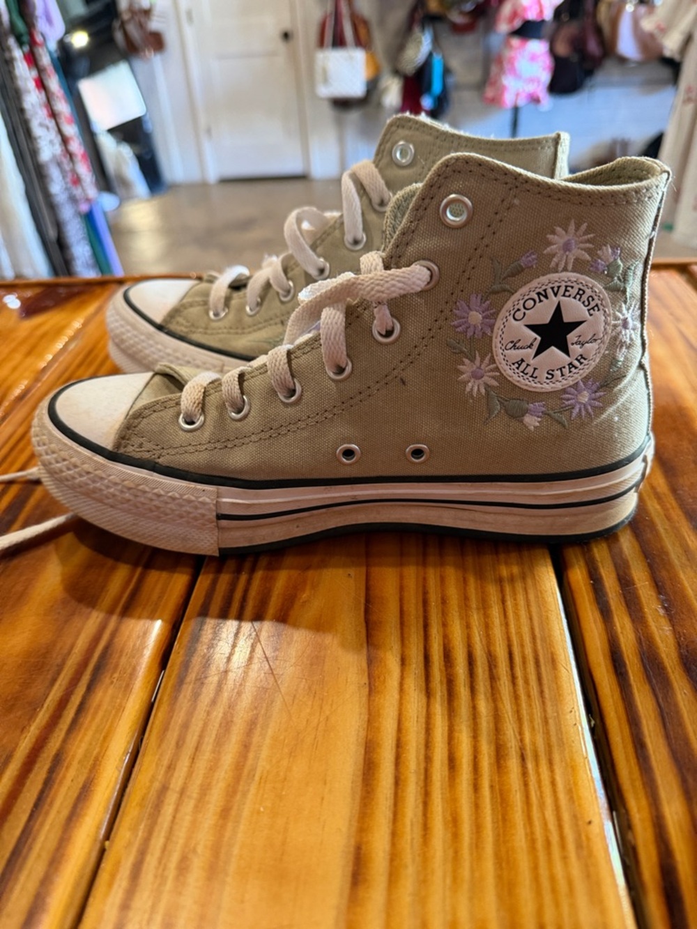 Converse Kids High Top Sneakers in Beige with Lavender Floral Embroidery